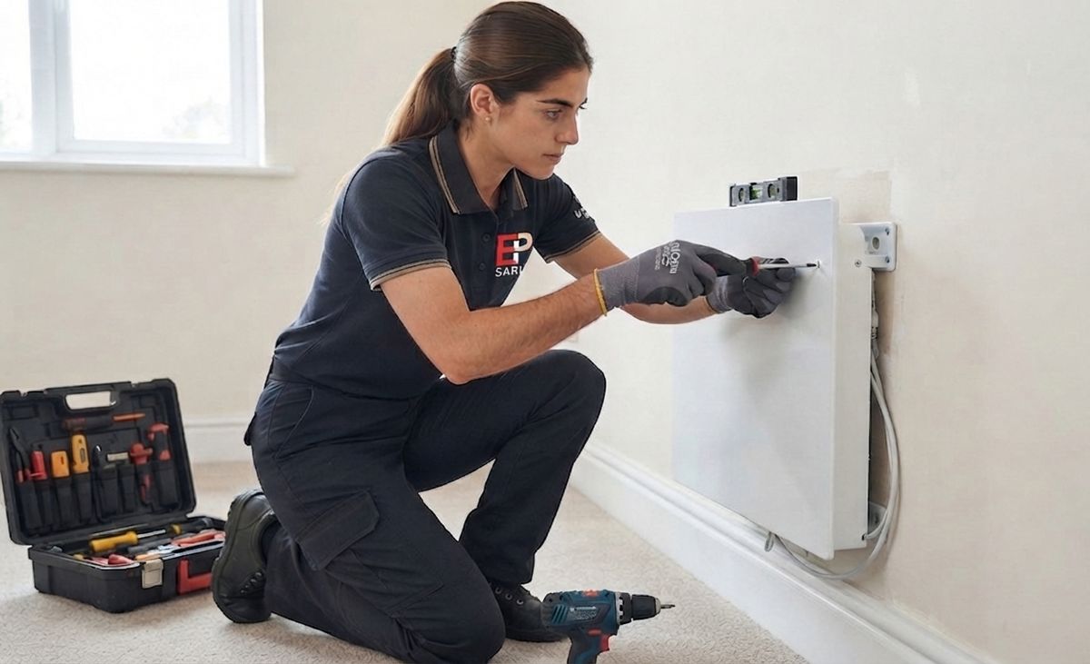 Technicienne SARL ECP installant un radiateur électrique