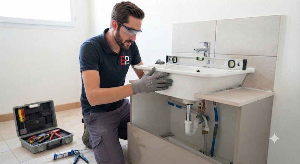 Plombier SARL ECP installant une vasque de salle de bain